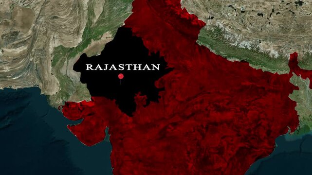 Rajasthan map highlight animation, India state location zoom, political map video, geographic region highlight, satellite view animation