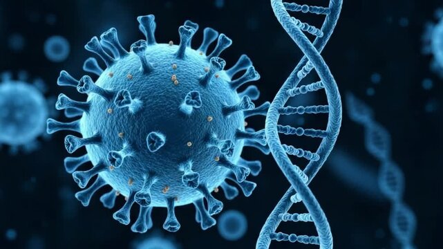 A blue virus with spikes and a dna strand on a dark background with blue highlights and particles