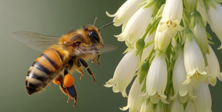 Highly Detailed Macro of Honeybee Collecting Pollen from White Flowers, Highlighting the Essential Role of Pollinators in Ecosystem Sustainability.