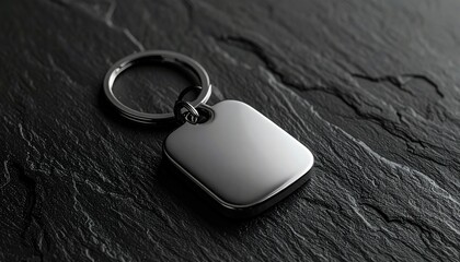 Polished metal keyring with a blank tag on a textured, dark surface