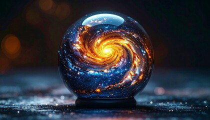 A glowing, clear orb reveals a galaxy's swirling, fiery core