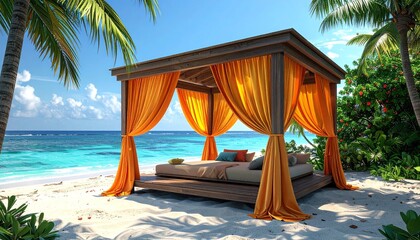 Beach scene with canopy bed, orange drapes, palm trees, turquoise water
