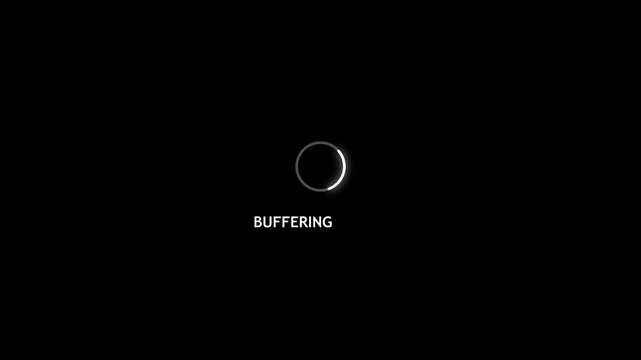 A black screen with a buffering icon and the word 'BUFFERING.'