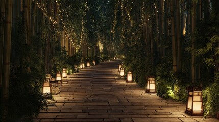 Obraz premium Pathway through a bamboo forest illuminated by string lights and traditional lanterns at night. Outdoor garden lighting and tranquil nature setting for travel.