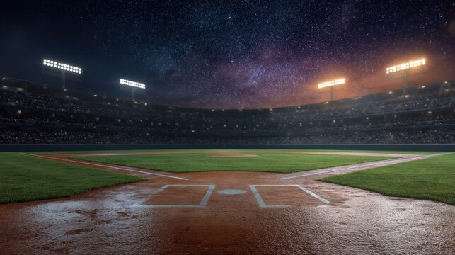 Empty outdoor baseball stadium at night with shining floodlights and a starry sky. Sport arena with green grass infield for event.