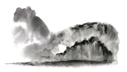 Naklejka premium watercolor oriental ink wash painting abstract landscape mountain fog .traditional japan .asian sumi-e art style png.