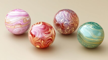 Fototapeta premium Four marble patterned Easter eggs with swirled designs. Festive spring holiday decoration for celebration.