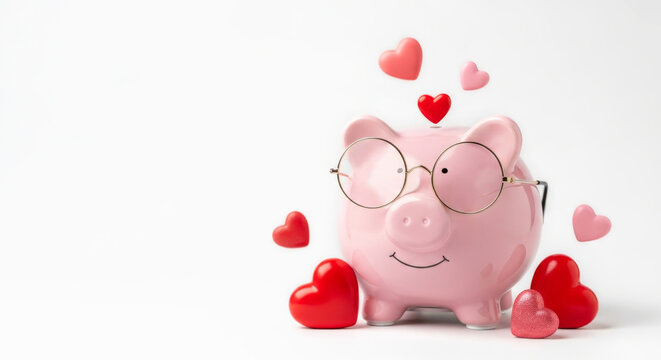 Piggy bank in glasses with hearts, financial saving concept for Valentine's Day sale and budget on white background.