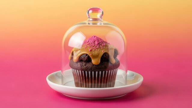 Gourmet chocolate cupcake with caramel drizzle and pink sprinkles, displayed under a clear glass cloche on a white saucer against a vibrant pink and orange gradient background