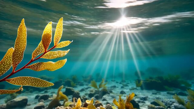 Sunlight piercing through water illuminating marine life with golden seaweed
