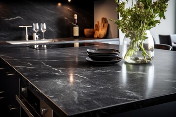 Fototapeta premium Kitchen island displaying a black marble countertop, plates, and a vase with green plants