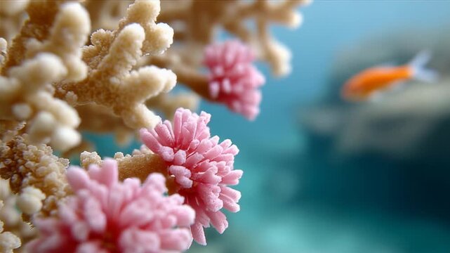 Vibrant coral reef with fish gliding through turquoise waters
