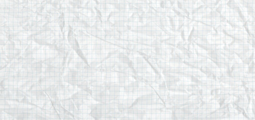 Crumpled paper or cardboard texture ideal for school education projects. Vintage notebook paper with blue line square graph grid on white background. Clean vector collage bg. © A_Y_N