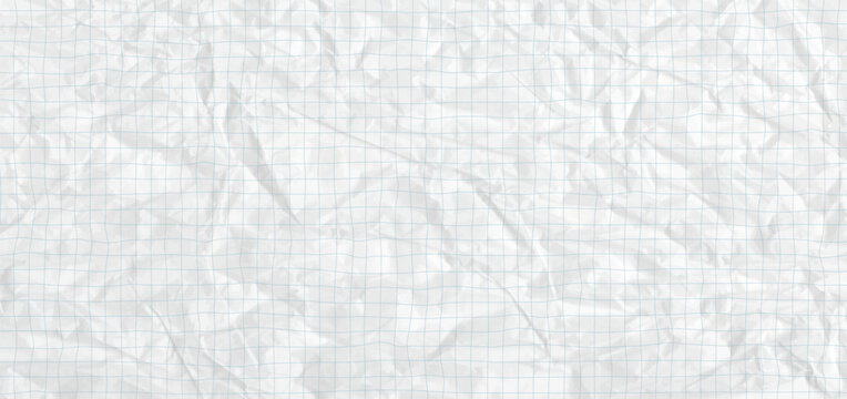 Crumpled paper or cardboard texture ideal for school education projects. Vintage notebook paper with blue line square graph grid on white background. Clean vector collage bg.