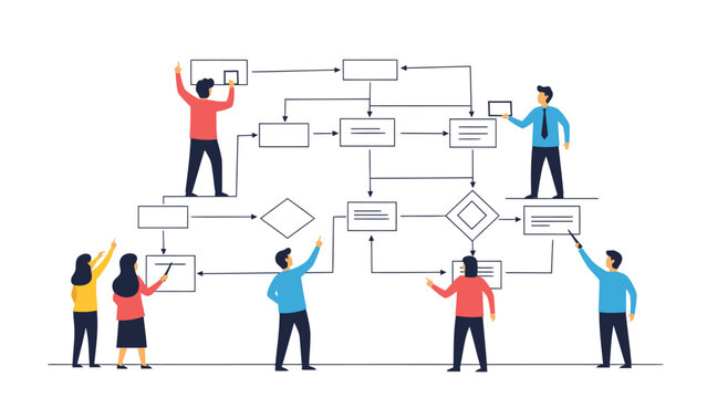People working together on a complex flowchart with multiple branches and decision points