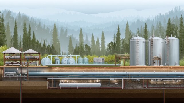 Industrial complex with underground pipes and tanks in a forest landscape. Energy production infrastructure with cross section concept. For resource extraction.