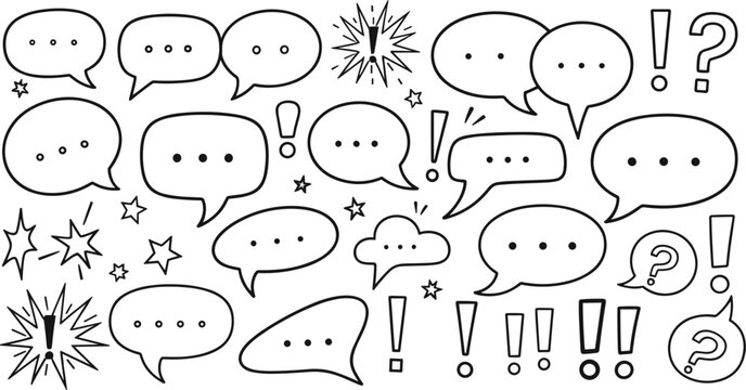 Hand Drawn Speech Bubble Doodle Vector Set with Chat Balloons, Exclamation Marks, Question Symbols, and Comic Dialogue Elements in Black and White