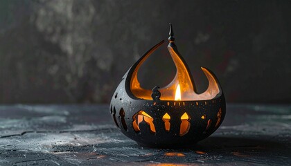 Ornate, black ceramic candle holder aglow on a textured dark surface