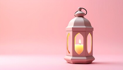 Pastel lantern with lit candle on pink background, space on left