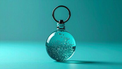 A glass orb keychain with liquid and suspended particles on teal background