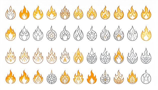 Collection of Fire Flame Icons in Various Styles and Colors.