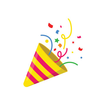 Party hat with confetti and ribbons. exploding cartoon birthday cracker. congratulate and celebrate elements. confetti for parties and holidays. vector illustration