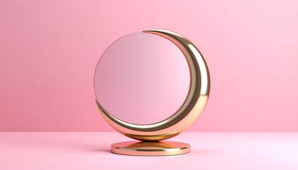 Golden crescent moon shape frames a pink circular panel, soft pink backdrop