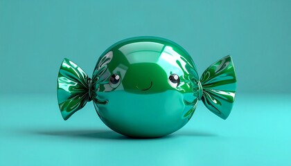 Smiling, spherical candy wrapped in teal-green foil