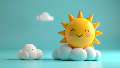 Smiling sun and cloud characters, whimsical and bright on a teal backdrop
