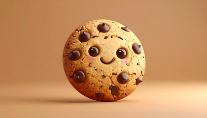 A happy, cartoon-style chocolate chip cookie with cute eyes and a smile