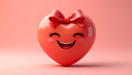 Smiling, glossy red heart with bow against a soft pink backdrop