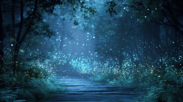 Enchanted forest with glowing fireflies at night along a magical path. Fantasy scene for a fairytale or dream concept.