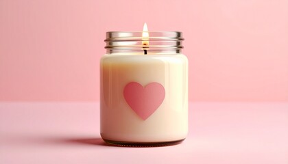 Lit candle in a glass jar, pink heart emblem, against a pink backdrop