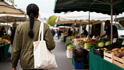 Fototapeta premium Back view of a woman walking through an outdoor farmers market. Female shopper carrying a reusable canvas tote bag. Sustainable living and healthy food concept