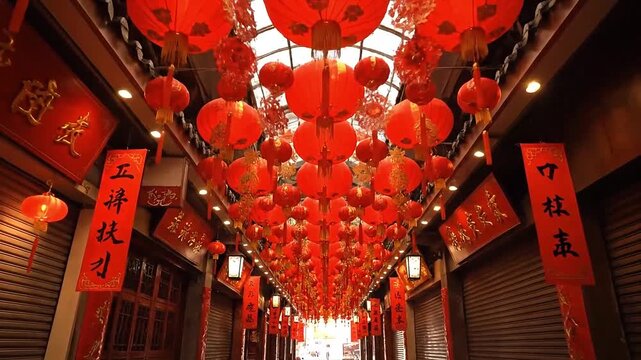 Festive Chinese new year red lanterns densely line a traditional Asian alleyway, creating a vibrant scene of cultural celebration b roll for advertising and news