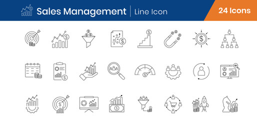 Sales Management Outline Icons Set of 24. CRM, Revenue, Targets, Pipeline, Business Strategy Linear Vector Editable Stroke