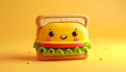 Cartoon sandwich with a happy face, vibrant yellow background