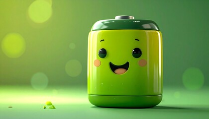 A smiling, friendly cartoon battery with a green hue against a green bokeh backdrop