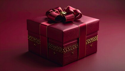 A crimson-red gift box, adorned with a large, matching bow