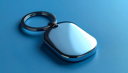 Shiny silver keychain against a gradient blue background, glossy finish
