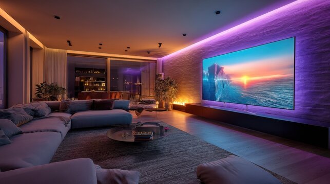 Modern living room interior with a large television screen displaying a colorful sunset, illuminated by smart lighting for home entertainment.