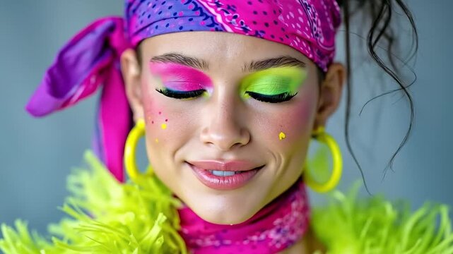 A woman with bright green and pink makeup and a pink bandana