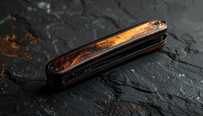 A close-up of a closed, wood-handled pocket knife on a textured black surface