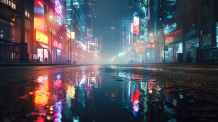 Obraz premium Neon street lights reflected on wet asphalt road in futuristic city. Night scene with dazzling urban illumination for cyber environment.
