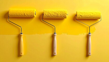 Three paint rollers applying bright yellow paint to a flat surface
