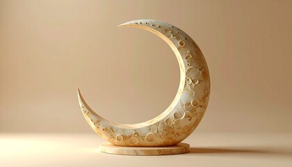 Stone crescent moon sculpture on a circular base against a light beige backdrop