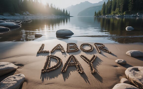 Serene Labor Day concept with words written in sand beside calm lake surrounded by mountains forest and peaceful nature