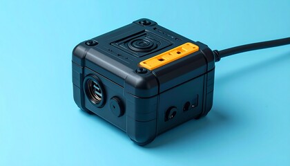 Black and orange electronic device on a light blue surface