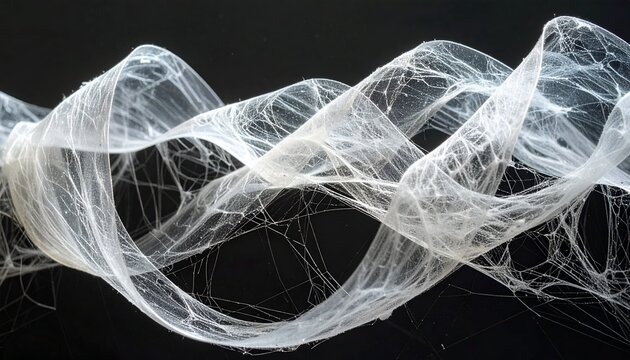 Delicate, translucent, undulating strand of interwoven, gossamer filaments