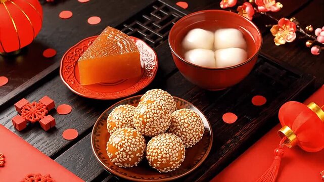 Traditional Asian Festive Chinese new year Foods Displayed on a Dark Wooden Tabletop with Red Decorations, Celebrating a Cultural Event b roll for advertising and news